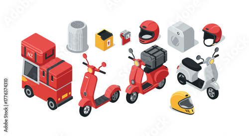 Isometric electric scooters and delivery elements in modern design