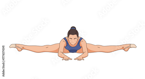 Athletic woman doing the splits, isolated vector graphic. Female dancer or gymnast in a stretching pose for flexibility and fitness training