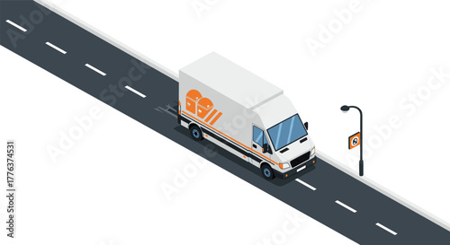 Isometric delivery truck on road with no parking sign: urban logistics scene