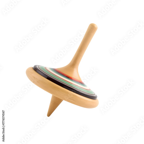 Classic wooden spinning top toy with colorful stripes isolated on the transparent background, traditional childhood plaything
