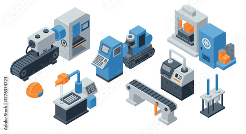 Isometric industrial equipment set: modern machinery and tools for manufacturing
