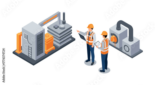 Isometric industrial engineers analyzing machinery in factory setting