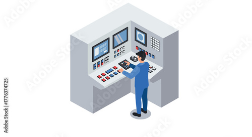 Control room operator in blue uniform at workstation with screens and buttons