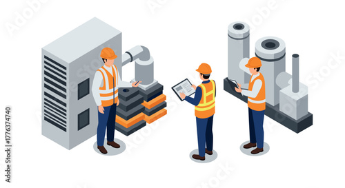 Engineers discussing industrial manufacturing in isometric style