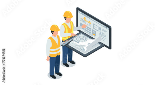Isometric engineering team viewing interactive 3d construction plan on digital screen