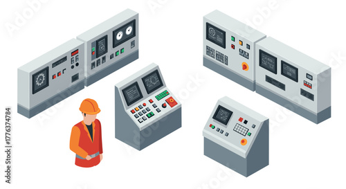 Isometric control panels and engineer in industrial setting