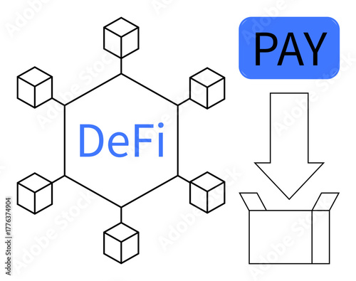 Decentralized finance network with hexagonal blockchain nodes, payment box, and delivery arrow. Ideal for finance, blockchain, cryptocurrency, digital payment, logistics, fintech decentralized