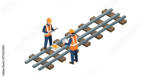 Construction workers inspecting railway tracks in isometric style with safety gear and equipment