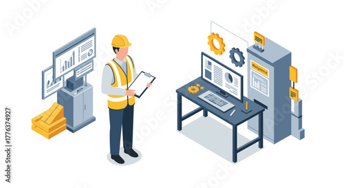 Construction engineer analyzing digital data on tech equipment and desks in isometric style