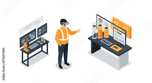 Isometric virtual reality workstation: futuristic office setup with vr headset