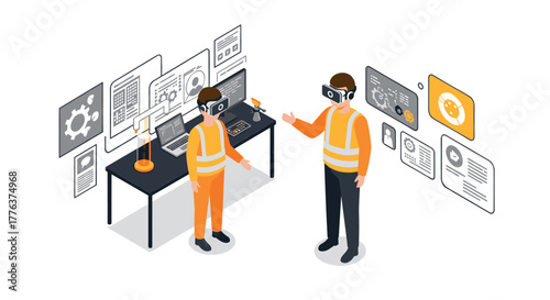 Isometric virtual reality training session with engineers using vr headsets