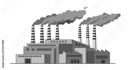 Industrial factory plant emitting heavy smoke from chimneys. A monochrome vector illustration representing air pollution and manufacturing