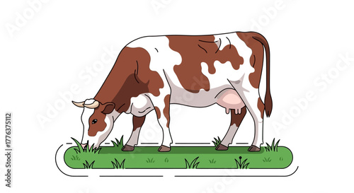 Charming brown and white dairy cow peacefully grazing on fresh green pasture, a beautiful illustration of farm animal life