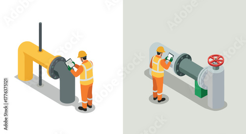 Industrial worker inspecting pipelines with tablet in isometric design