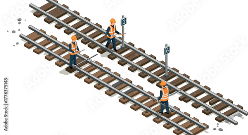Construction workers installing railroad tracks in isometric view