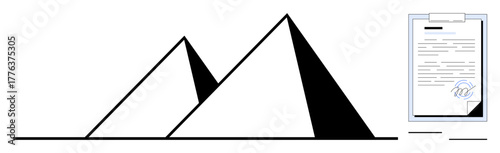 Two geometric pyramids and a signed clipboard evoke themes of history, agreements, research, heritage, learning, documentation, and organization. Ideal for education, paperwork legal processes
