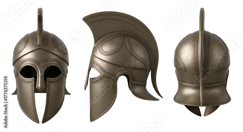 Ancient spartan warrior helmet in bronze metal shown from front side and back views set