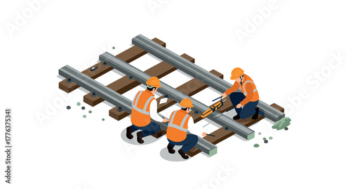Workers constructing railway track in isometric style with safety gear