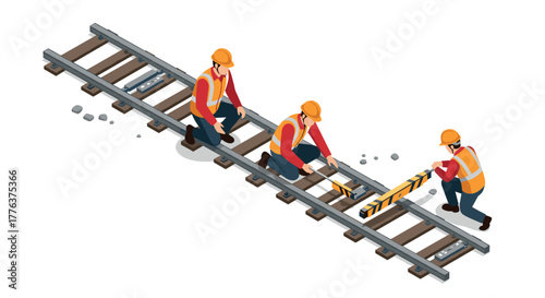 Isometric workers constructing railway tracks with safety gear