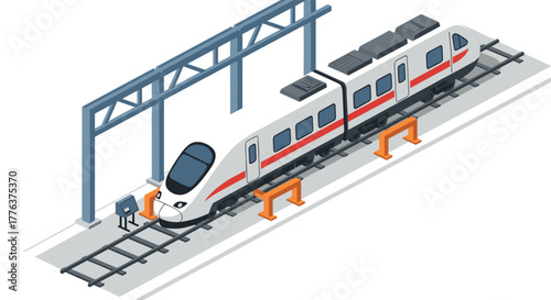 Modern isometric train with overhead track structure for urban transportation concepts