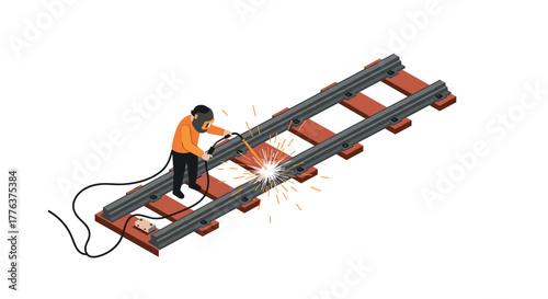 Isometric worker welding railroad tracks with sparks in protective gear