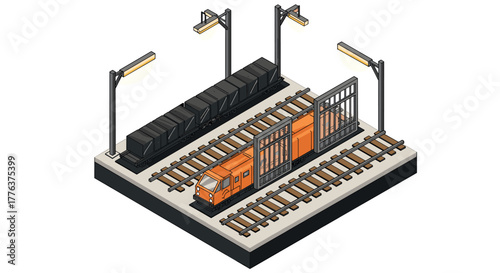 Isometric train station scene with orange locomotive and freight cars