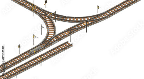 Railway junction with tracks and signals in isometric design