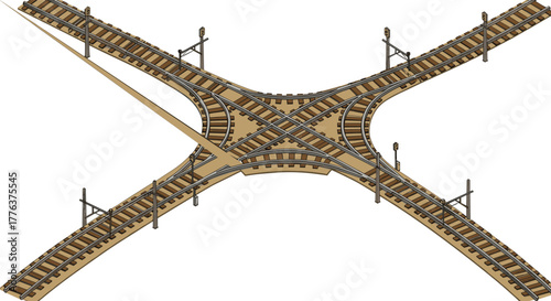 Detailed railway track intersection with crossing signals and switches