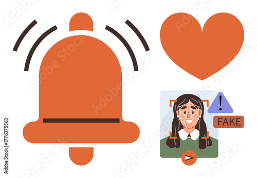 Alarm bell and heart icons near facial recognition software detecting deepfake with a fake content warning. Ideal for security, identity verification, technology, AI ethics, communication, fraud