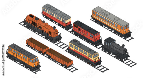 Isometric train collection with vintage and modern models on tracks