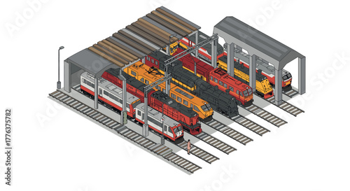 Isometric train depot with colorful engines and carriages