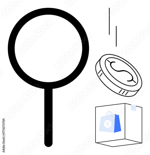 Magnifying glass, coin, and shopping bag symbolizing research, investment, online shopping, and retail. Ideal for analysis, finance, e-commerce shopping trends business sales simple flat metaphor