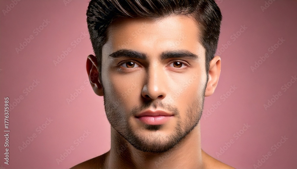 Fototapeta premium Handsome Young Man with Soft Expression on Pink Background