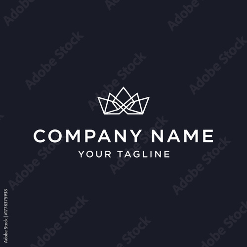 Minimalist white line art crown logo on a dark background with placeholder company name and tagline text.