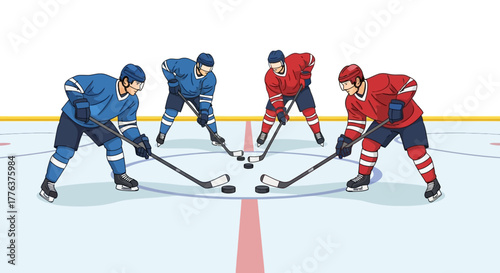 Vector illustration of a professional ice hockey face-off with two rival teams competing on the ice rink