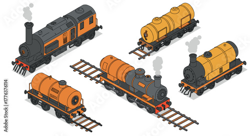Isometric steam locomotives and oil tankers set on rails with smoke