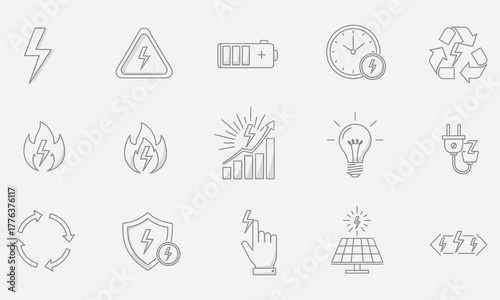 Energy Vector Icon Set Outlines Featuring Lightning, Battery, Fire, Recycle, and Growth Elements