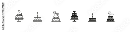 Party cake vector outline icon set of desserts and celebration sweets. Birthday pastry, candle, and festive bakery collection.