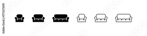 Sofa and chair vector filled and outline icon set of furniture designs. Interior comfort and home decor collection.