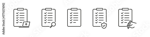 Task list variations vector outline icon set. Checklist, schedule, and productivity organization collection.