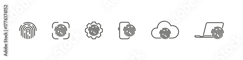Fingerprint safety on devices and services vector outline icon set. Biometric security, access, and data protection collection.