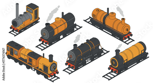Charming isometric steam trains set on tracks with smoke details