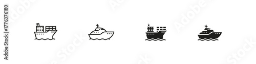 Cargo ship and cruise liner vector outline and filled icon set. Maritime transport, logistics, and travel design collection.