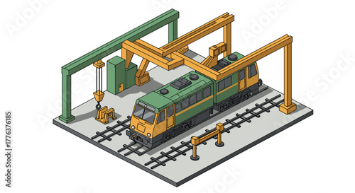 Isometric train in industrial setting with overhead cranes on railway platform