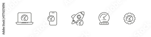 Working speed with gauge icon on devices vector outline icon set. Performance, efficiency, and progress design collection.