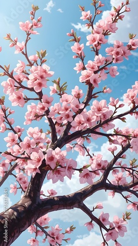 Cherry blossom branches full of pink flowers against a bright blue sky with gentle sunlight, symbolizing beauty, peace, and the freshness of spring.