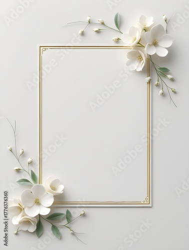 Elegant gold-bordered floral frame with white blossoms and soft leaves on a light background, ideal for invitations or minimalist decorative designs.