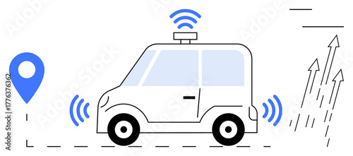 Autonomous car emitting wireless signals near location pin and directional arrows, illustrating smart mobility. Ideal for automation, transportation, innovation, connectivity, navigation, AI