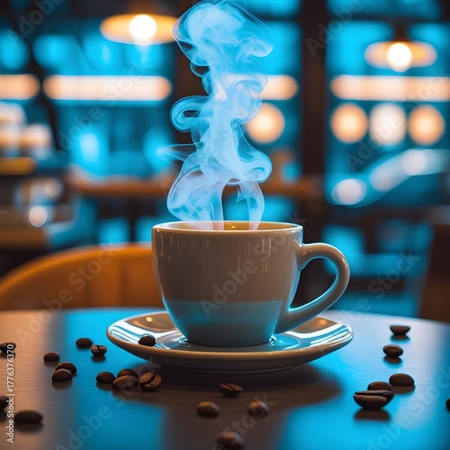 A steaming cup of coffee on a café table with warm light and blue bokeh background, evoking a cozy, relaxing morning vibe.