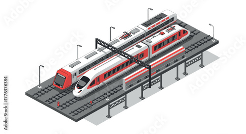 Modern isometric train station with high-speed trains and tracks